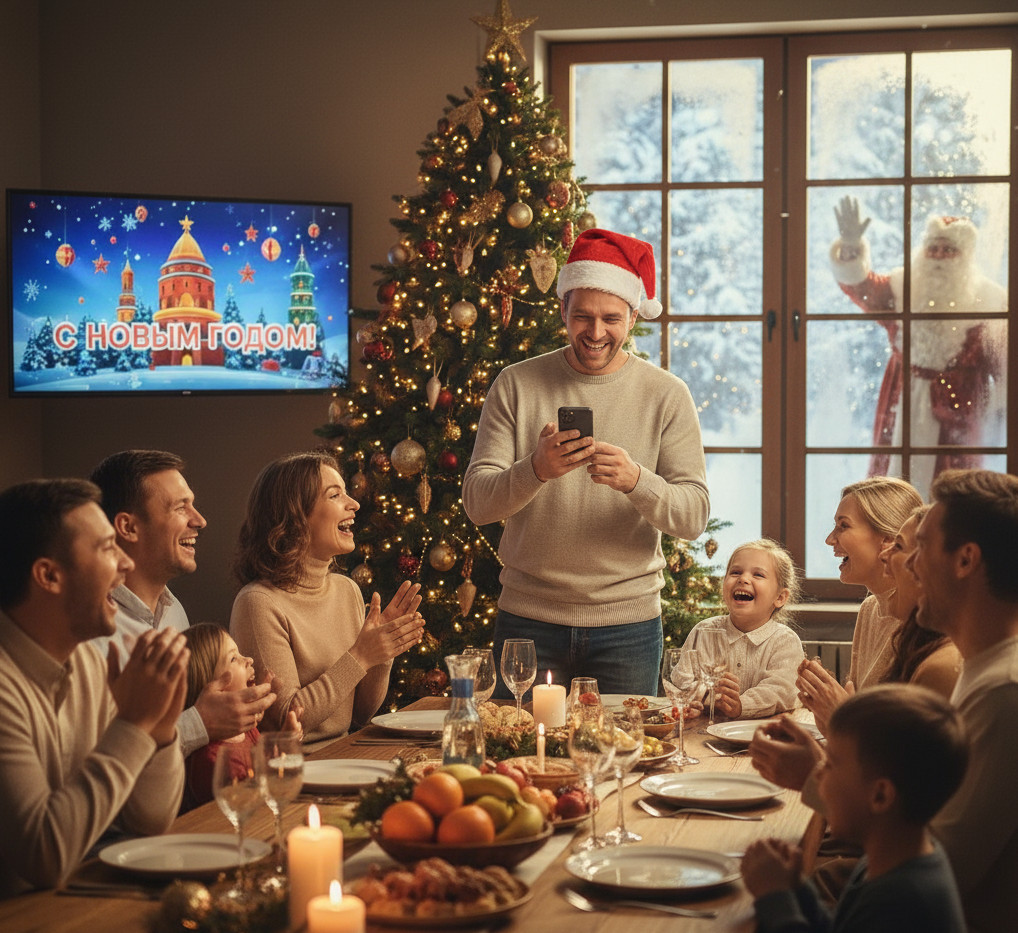 Друзья смеются за новогодним столом